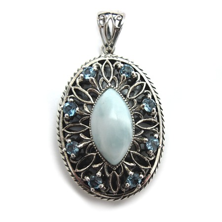 Larimar and Blue Topaz Sterling Silver Filigree Pendant - Click Image to Close